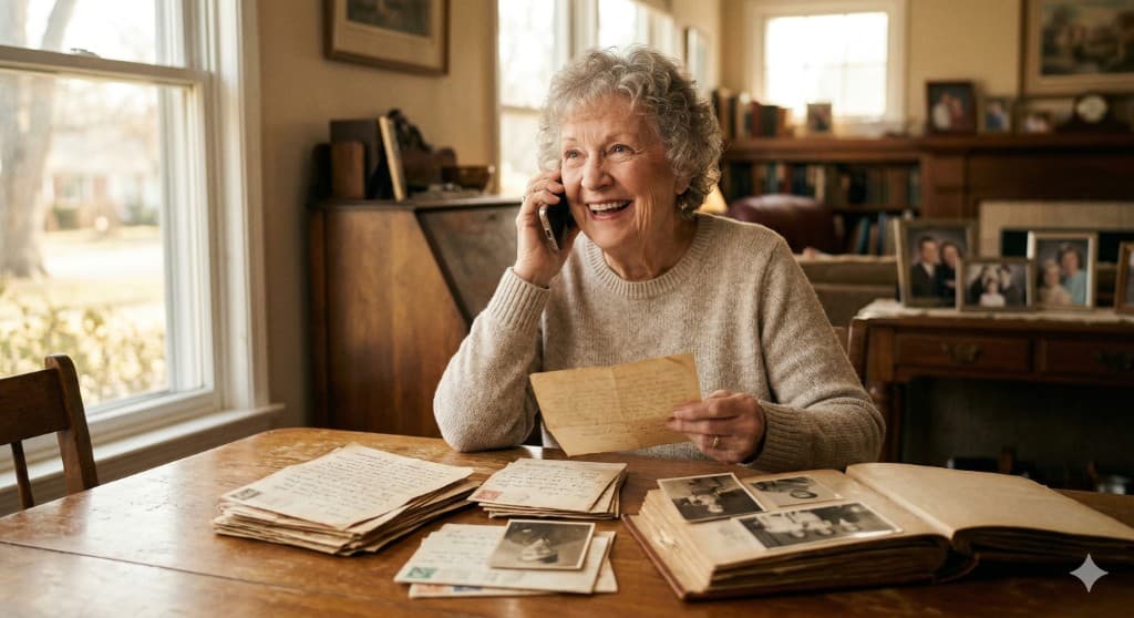 Loved one enjoying a gentle phone conversation at home
